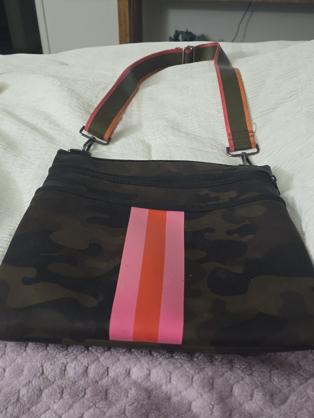 HAUTE SHORE Camo Crossbody with Pink & Orange Center Stripe